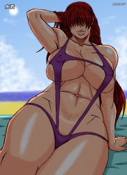 1girl beach blush breasts cleavage covered_erect_nipples curvy female_focus hair_over_eyes highres huge_breasts lips long_hair navel papepox2 plump red_hair shermie_(kof) sitting sky smile solo sweat swimsuit the_king_of_fighters thick_thighs thighs wide_hips