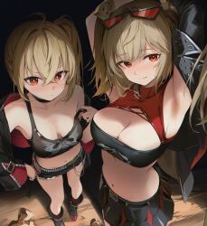 2girls armpits arms_up belt black_belt black_boots black_jacket black_shorts black_skirt black_tube_top blonde_hair blush boots breasts burnice_white cleavage commentary crop_top eyewear_on_head from_above hand_on_own_hip highres jacket large_breasts long_hair looking_at_viewer luciana_de_montefio midriff multiple_girls navel presenting_armpit re0n red-tinted_eyewear red_eyes shorts side_ponytail single_off_shoulder skirt small_breasts smile spiked_belt stomach strapless tinted_eyewear tube_top two_side_up zenless_zone_zero