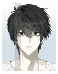 1boy bags_under_eyes black_eyes black_hair border death_note eoseo88 expressionless hair_between_eyes highres l_(death_note) looking_at_viewer male_focus portrait shirt short_hair simple_background solo white_border white_shirt