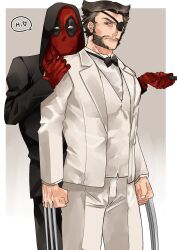2boys beard black_bow black_bowtie black_jacket black_pants bow bowtie brown_hair cigar claw_(weapon) clenched_hands closed_mouth commentary deadpool deadpool_&amp;_wolverine deadpool_(series) english_commentary english_text eyepatch facial_hair formal_clothes formal_clothes gloves hand_on_another&#039;s_shoulder heart highres holding holding_cigar hood hood_up jacket long_sleeves looking_at_viewer male_focus marvel marvel_cinematic_universe multiple_boys muscular muscular_male pants patch_(wolverine) pectorals red_mask shirt short_hair speech_bubble suit weapon white_jacket white_shirt white_suit wolverine_(x-men) wonpese x-men yaoi