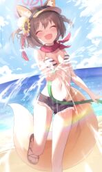 1girl animal_ears beach bikini bitseon black_shorts blue_archive blush breasts brown_hair closed_eyes day eyeshadow facing_viewer fang flower foot_out_of_frame fox_ears fox_tail hair_between_eyes hair_flower hair_ornament highres holding holding_hose hose izuna_(blue_archive) izuna_(swimsuit)_(blue_archive) makeup navel ocean official_alternate_costume open_fly open_mouth outdoors red_eyeshadow red_scarf scarf short_hair short_shorts shorts skin_fang small_breasts smile solo striped_bikini striped_clothes swimsuit tail toes yellow_flower