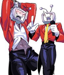 1boy ant_tenna bdsm belt black_belt black_pants blush blush_stickers bondage bound chantaro0611 crt deltarune gloves highres holding holding_microphone male_focus microphone multiple_views navel necktie object_head pants pointy_nose shirt simple_background smile tailcoat teeth white_background white_gloves white_shirt yellow_necktie
