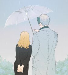 1boy 1girl arms_behind_back black_pants black_shirt black_skirt blonde_hair coat franken_stein_(soul_eater) from_behind grey_hair height_difference highres hissiu holding holding_umbrella long_hair long_sleeves marie_mjolnir object_through_head outdoors pants rain screw_in_head shirt short_hair skirt sky soul_eater transparent transparent_umbrella umbrella white_coat