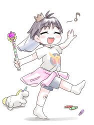 1girl aged_down antenna_hair bandaid bandaid_on_knee bandaid_on_leg black_hair blush closed_eyes clothes_around_waist full_body gem_wand happy highres holding holding_wand idolmaster idolmaster_(classic) jacket jacket_around_waist kikuchi_makoto music musical_note no_shoes ohgi910 open_mouth pink_jacket shirt short_hair short_sleeves shorts simple_background singing smile socks solo standing standing_on_one_leg stuffed_unicorn teeth upper_teeth_only walking wand white_background white_shirt white_socks