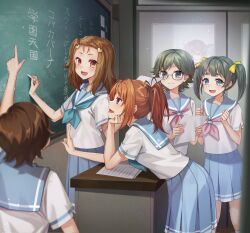 Rule 34 | 6+girls, aqua skirt, blue sailor collar, chalk, chalkboard, classroom, hibike! euphonium, highres, holding, holding chalk, indoors, multiple girls, nakagawa natsuki, sailor collar, school uniform, shinkai kokoa, skirt