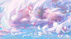 1girl 2023 angel closed_mouth commission english_text feathers gloves highres indie_virtual_youtuber long_hair pink_hair sakurada_hane sleeping solo thighs umehara_sei white_feathers white_gloves white_wings wings
