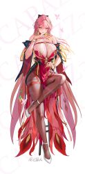 Rule 34 | 1girl, alternate breast size, alternate costume, bare shoulders, black pantyhose, blonde hair, body markings, breasts, changli (wuthering waves), chinese commentary, closed mouth, colored inner hair, commentary request, dress, fingernails, full body, hair between eyes, hair extensions, hair ornament, hand up, holding, huge breasts, leg up, long hair, looking at viewer, mole, mole on breast, multicolored hair, nail polish, on stool, pantyhose, pelvic curtain, pink hair, red dress, red nails, ring hair extensions, shoes, sitting, skindentation, smile, solo, tacet mark (wuthering waves), thighband pantyhose, tsuki no i-min, white shoes, wuthering waves, yellow eyes