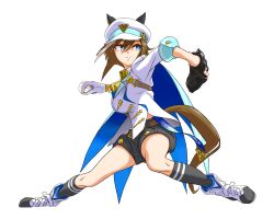 Rule 34 | 1girl, animal ears, ball, baseball, baseball (object), baseball glove, belt, black shorts, black socks, blue eyes, breasts, brown belt, brown hair, cheval grand (umamusume), closed mouth, ears through headwear, from side, full body, gloves, hair between eyes, hat, highres, holding, holding ball, horse ears, horse girl, horse tail, jacket, looking to the side, medium breasts, pitching, playing sports, serious, shoes, shorts, simple background, socks, solo, tail, tori no teriyaki, umamusume, white background, white gloves, white hat, white jacket, white shoes
