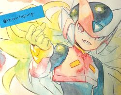 Rule 34 | 1boy, armor, blonde hair, forehead jewel, helmet, long hair, male focus, mega man (series), mega man zero (series), omega (mega man), photo (medium), red armor, red helmet, solo, traditional media, twitter username, upper body, yamanashi taiki