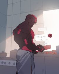 1boy back bara boop_dega broad_shoulders dappled_sunlight destiny_(game) frying_pan ghost_(destiny) glowing glowing_eyes holding holding_frying_pan horns humanoid_robot joints kitchen korean_text looking_at_object male_focus muscular muscular_male no_humans original oven robot robot_joints small_horns solo sunlight topless_male towel towel_around_waist window