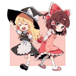 Rule 34 | 2girls, apron, arm up, ascot, black eyes, black hat, black shoes, black skirt, black vest, blonde hair, blunt bangs, blush, bow, box, braid, brown hair, closed eyes, closed mouth, commentary, cookie (touhou), detached sleeves, dress, frilled apron, frilled bow, frilled hair tubes, frills, full body, hair bow, hair tubes, hakurei reimu, hat, heart-shaped box, highres, kirisame marisa, long hair, looking at viewer, multiple girls, niu 42, open mouth, pink apron, pink background, pink slippers, puffy short sleeves, puffy sleeves, red bow, red dress, rurima (cookie), shirt, shoes, short sleeves, side braid, sidelocks, single braid, skirt, skirt set, sleeveless, sleeveless dress, slippers, socks, star (symbol), suzu (cookie), touhou, turtleneck, turtleneck shirt, two-tone background, vest, waist apron, white apron, white background, white shirt, white sleeves, white socks, witch hat, yellow ascot