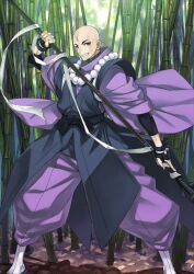 Rule 34 | 1boy, bald, bamboo, bamboo forest, bead necklace, beads, black sandals, black sash, black shirt, blue eyes, cross scar, fate/grand order, fate (series), feet out of frame, fighting stance, forest, grin, holding, holding polearm, holding weapon, houzouin inshun (fate), japanese clothes, jewelry, kimono, legs apart, long sleeves, looking at viewer, male focus, matsuryuu, nature, necklace, official art, pants, polearm, prayer beads, puffy pants, purple kimono, purple pants, sandals, sash, scar, scar on face, scar on forehead, shirt, smile, solo, spear, standing, tabi, tasuki, teeth, third-party source, turtleneck, variant set, weapon, wide sleeves, wrist guards
