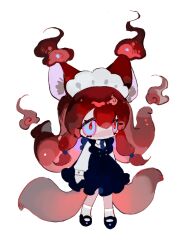 1girl animal_ears black_dress blue_eyes blue_necktie chibi chibi_only chinese_commentary collared_shirt commentary_request dress flame-tipped_ears fox_ears fox_tail frilled_dress frills hair_between_eyes hitodama long_hair long_sleeves low-tied_sidelocks maid_headdress multiple_tails necktie original pinafore_dress red_pupils shirt sidelocks simple_background sleeveless sleeveless_dress socks solo tail tareme two_tails vihua6 white_background white_shirt white_socks