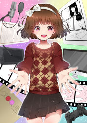 1girl argyle_clothes argyle_sweater bad_id bad_pixiv_id brown_hair controller dualshock female_focus film_strip game_console game_controller gamepad hair_ribbon hairband heart heart-shaped_pupils highres microphone noda_shuha original pink_eyes playstation_2 playstation_3 playstation_controller ribbon short_hair sketchbook skirt smile solo stylus sweater symbol-shaped_pupils tablet_pc