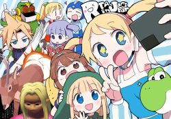 blonde_hair blue_dress blue_eyes cloud_strife dokan_(dkn) dress final_fantasy final_fantasy_vii group_picture headphones headset mario_(series) mega_man_(classic) mega_man_(series) nintendo open_mouth roll_(mega_man) rta-chan rta_in_japan selfie smile twintails v yoshi