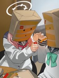 2girls absurdres airi_(blue_archive) bag bag_over_head blue_archive blue_sailor_collar bow food french_fries green_bow highres holding holding_food momocadraw multiple_girls natsu_(blue_archive) neckerchief paper_bag pink_hair pink_neckerchief sailor_collar shirt white_shirt