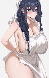 1girl apron black_hair blue_eyes blush braid breasts cleavage closed_mouth collarbone commentary english_commentary eyelashes grey_background hair_ribbon hat highres hololive hololive_english huge_breasts long_hair naked_apron ouro_kronii ouro_kronii_(maid) ribbon solo twin_braids virtual_youtuber white_apron white_hat white_ribbon yobi_(ybpac18)