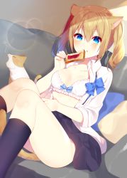 1girl absurdres animal animal_ears black_skirt black_socks blonde_hair blue_bow blue_bowtie blue_eyes blurry blush bow bow_bra bowtie bra bread bread_slice breasts cat cat_ears cat_tail cleavage collarbone collared_shirt commentary depth_of_field dress_shirt eating eyebrows female_focus food food_on_face hair_between_eyes highres jam kneehighs knees_together_feet_apart legs lens_flare light_rays looking_at_viewer mafuyu_(chibi21) medium_breasts original pillow pleated_skirt shadow shirt skirt socks solo tail thighs toast twintails unbuttoned underwear untied white_bra white_shirt yawning