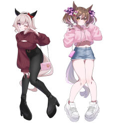 2girls ;) absurdres animal_ears ankle_boots bag bare_legs belt_buckle black_pants blue_shorts blush boots bow breasts brown_eyes brown_hair buckle casual cleavage cleavage_cutout closed_mouth clothing_cutout cropped_hoodie curren_chan_(umamusume) denim denim_shorts ear_covers elbow_carry full_body grey_hair haibarasaika hair_bow handbag high_heel_boots high_heels highres hood hoodie horse_ears horse_girl horse_tail large_breasts leaning_forward long_sleeves looking_at_viewer midriff multicolored_hair multiple_girls nail_polish navel one_eye_closed pants pink_bow pink_hair pink_hoodie purple_eyes red_bow red_nails red_sweater shoes short_hair short_shorts shorts simple_background sleeves_past_wrists smart_falcon_(umamusume) smile sneakers standing streaked_hair sweater tail two-tone_hair umamusume v v_over_eye white_background white_bow white_footwear