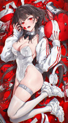 1girl absurdres animal_ears black_hair blood blood_bag breasts candy cellphone collarbone fake_animal_ears fangs food hairband headphones highres jacket leotard lollipop long_hair long_sleeves looking_at_viewer medium_breasts monster_energy open_mouth original phone pill pill_bottle playboy_bunny playstation_controller rabbit_ears red_eyes red_nails shoes smartphone sneakers solo thighhighs white_hairband white_jacket white_leotard white_shoes white_thighhighs ye_jji