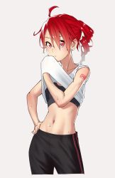 1girl ahoge bare_shoulders blush character_name commentary contrapposto cowboy_shot drill_hair expressionless female_focus hand_on_own_hip highres holding holding_shirt holding_unworn_clothes kasane_teto light_blush looking_at_viewer midriff navel pants red_eyes red_hair shirt short_hair shoulder_tattoo simple_background solo sports_bra stomach sweat tank_top tattoo track_pants twin_drills unworn_shirt utau white_tank_top wiping_mouth yasutange