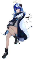1girl absurdres ankle_boots arknights black_boots black_coat black_gloves black_horns blue_eyes blue_hair boots closed_mouth coat commentary full_body fur-trimmed_coat fur_trim gloves hair_between_eyes halo hand_on_own_knee highres horns invisible_chair long_sleeves looking_at_viewer medium_hair mostima_(arknights) simple_background sitting solo tail takiren traditional_halo white_background yellow_halo