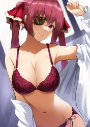 1girl absurdres bra breasts cleavage closed_mouth eyepatch hair_ribbon hand_up highres hololive houshou_marine indoors lace lace-trimmed_bra lace_trim large_breasts long_hair navel off_shoulder panties pyonsan red_bra red_eyes red_hair red_panties red_ribbon ribbon shirt side-tie_panties smile solo stomach twintails underwear virtual_youtuber white_shirt window