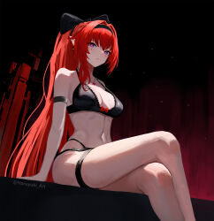 1girl arm_belt bare_shoulders bikini black_hairband breasts earrings hair_between_eyes hair_ornament hairband haruyuki_(karem) highres jacket jewelry large_breasts long_hair looking_at_viewer mole mole_on_breast mole_under_eye pointy_ears purple_eyes red_hair solo swimsuit very_long_hair wuthering_waves yinlin_(wuthering_waves)
