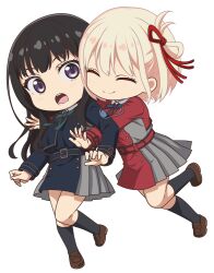 2girls ^_^ black_hair black_socks blonde_hair blue_bow blue_bowtie blue_dress bow bowtie chibi chibi_only closed_eyes closed_mouth dress full_body green_bow green_bowtie grey_dress hair_ribbon happy hug hug_from_behind inoue_takina kneehighs knees_together_feet_apart light_blush long_hair long_sleeves lycoris_recoil lycoris_uniform multiple_girls nishikigi_chisato one_side_up open_mouth pleated_dress purple_eyes red_dress red_ribbon ribbon short_hair simple_background smile socks split_mouth standing standing_on_one_leg straight_hair sukiyaki_(sukiyaki-jp) surprised teeth transparent_background two-tone_dress