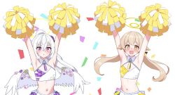 Rule 34 | 2girls, arms up, azusa (blue archive), blue archive, brown hair, cheering, cheerleader, crescent halo, crop top, crossed bangs, feathered wings, flat chest, flower, hair between eyes, hair flower, hair ornament, halo, hifumi (blue archive), highres, holding, holding pom poms, hururu game, long hair, looking at viewer, low twintails, low wings, millennium cheerleader outfit (blue archive), miniskirt, multiple girls, navel, open mouth, pleated skirt, pom pom (cheerleading), pom poms, purple eyes, purple flower, skirt, twintails, very long hair, white hair, white skirt, white wings, wing ornament, wings, yellow eyes, yellow halo