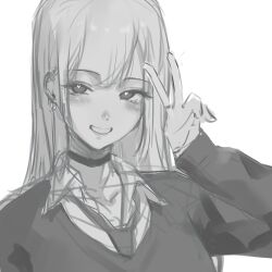 1girl absurdres barbell_piercing blush choker collared_shirt ear_piercing greyscale heart heart-shaped_pupils highres industrial_piercing kitagawa_marin long_hair long_sleeves monochrome necktie open_mouth piercing shirt solo sono_bisque_doll_wa_koi_wo_suru spot_color submaro sweater symbol-shaped_pupils upper_body very_long_hair