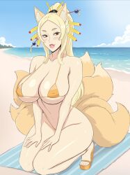 animal_ears beach bikini breasts fox_ears fox_girl fox_tail gold_micro_bikini high_heels highschool_dxd kitsune large_breasts mature_female meegol micro_bikini pinup_(style) ponytail red_eyes swimsuit tail wide_hips yasaka_(high_school_dxd)