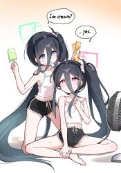 2girls absurdres aris_(blue_archive) barefoot black_hair black_hairband black_shorts blue_archive blue_eyes blue_halo breasts dolphin_shorts dual_persona english_text hair_between_eyes hairband halo highres kei_(blue_archive) kneeling kurana_(atlas) long_hair_between_eyes multiple_girls navel pink_eyes pink_halo shirt short_shorts shorts side_ponytail sitting small_breasts speech_bubble white_shirt