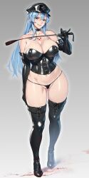 akame_ga_kill! blood blood_splatter blue_eyes blue_hair boots breasts chest_tattoo elbow_gloves esdeath gloves gluteal_fold hat highres large_breasts long_hair military_hat nanabe_78 navel panties peaked_cap riding_crop sadism tattoo thigh_boots underwear very_long_hair