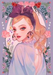 Rule 34 | 1girl, absurdres, back cutout, blonde hair, blue background, blue eyes, bow, clothing cutout, collared shirt, commentary request, daisy, earrings, expressionless, eyelashes, eyeshadow, floral background, flower, frilled shirt collar, frills, hair bow, hairband, highres, hiruna, hoop earrings, jewelry, lipstick, long hair, long sleeves, makeup, mascara, original, oval, parted lips, pink eyeshadow, pink flower, pink lips, ponytail, poppy (flower), purple bow, purple flower, purple hairband, red flower, shirt, shoulder blades, solo, thai commentary, thick eyebrows, upper body, wavy hair, white shirt, yellow flower