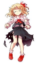 Rule 34 | 1girl, alphes (style), ascot, black dress, black vest, blonde hair, blouse, closed eyes, closed mouth, collar, collared shirt, commentary request, crying, dairi, defeat, dress, frilled collar, frilled sleeves, frills, frown, full body, hair ribbon, large variant set, long sleeves, mary janes, parody, red ascot, red ribbon, red shoes, ribbon, rumia, shirt, shoes, socks, solo, style parody, tachi-e, torn ascot, torn clothes, torn dress, torn shirt, torn sleeves, torn vest, touhou, transparent background, two-tone ribbon, variant set, vest, white ribbon, white sleeves, white socks, white trim