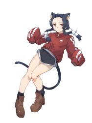 1girl absurdres animal_ear_fluff animal_ears black_hair black_shorts black_socks boots braided_sidelocks brown_boots cat_ears cat_girl cat_tail closed_mouth commentary_request covered_groin curtained_hair dolphin_shorts extra_ears floating floating_hair full_body hair_tubes highres jacket kamatpit knees_together_feet_apart looking_at_viewer midriff_peek orange_eyes original parted_bangs partial_commentary red_jacket short_hair_with_long_locks short_shorts shorts sidelocks simple_background sleeves_past_fingers sleeves_past_wrists socks solo striped_sleeves tail track_jacket white_background