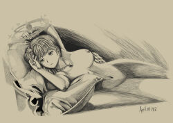 1girl absurdres angel_wings arm_up blue_archive breasts closed_mouth commentary completely_nude couch dated expressionless feathered_wings flower greyscale groin hair_bun hair_flower hair_ornament hair_ribbon halo heart heart_necklace highres jewelry jomski_27 lips long_hair low_wings lying mika_(blue_archive) monochrome navel necklace nipples nude on_side pillow ribbon rose_dewitt_bukater single_side_bun solo stomach thighs titanic_(movie) traditional_media wings