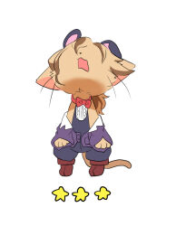 1boy animal_ears blue_overalls boots bow bowtie brown_boots brown_fur brown_hair cat_boy cat_busters cat_ears cat_tail commentary_request fake_animal_ears furry furry_male long_hair looking_up low_ponytail maachi_(cat_busters) male_focus open_clothes open_mouth open_shirt overalls ponytail purple_shirt rabbit_ears red_bow red_bowtie shirt simple_background solo star_(symbol) tail wataboshi whiskers white_background