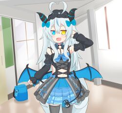 1girl ahoge akugaki_koa backpack bag belly blue_eyes bow commission demon_horns demon_tail demon_wings dress gothic_lolita hair_bow hair_ribbon hallway heterochromia highres horns idol_corp leafy_bow lolita_fashion long_hair looking_at_viewer maid_headdress navel official_alternate_costume open_mouth randoseru ribbon school skirt solo standing tail thighhighs thighs very_long_hair virtual_youtuber white_hair wings yellow_eyes