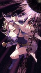 1girl bare_shoulders blonde_hair blue_boots blush blush_stickers boots breasts choker cleavage commission dark_magician_girl green_eyes hair_between_eyes hat highres holding holding_wand large_breasts long_hair looking_at_viewer outstretched_arm pentacle pentagram pink_skirt skeb_commission skirt smile solo tsurukame wand wizard_hat yu-gi-oh!