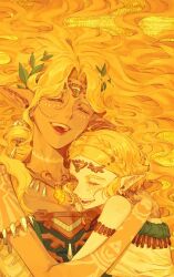 2girls armlet blonde_hair body_markings braid circlet closed_eyes commentary_request crown_braid dress earrings highres hug jewelry korean_commentary laurel_crown long_hair lying magatama magatama_necklace multiple_girls necklace nintendo on_back open_mouth pointy_ears princess_zelda pu_hegg secret_stone short_hair smile sonia_(zelda) strapless strapless_dress teardrop_facial_mark tears teeth the_legend_of_zelda the_legend_of_zelda:_tears_of_the_kingdom upper_body white_dress yellow_theme