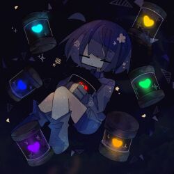 1other antenna_hair blue_shorts brown_hair chibi chibi_only closed_eyes closed_mouth frisk_(undertale) heart holding holding_jar human_souls_(undertale) jar matu_(t_iyou8) other_focus short_hair shorts solo sweater undertale