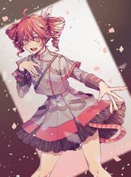 1girl absurdres ahoge azukiharuta_ju black_skirt black_sleeve_cuffs blush bow confetti drill_hair grey_jacket grey_skirt hair_between_eyes hair_bow hair_ribbon hand_up highres jacket kasane_teto kasane_teto_(sv) layered_skirt layered_sleeves long_sleeves looking_at_viewer musical_staff musical_staff_print open_mouth outstretched_arm red_eyes red_hair red_skirt red_trim ribbon shoulder_belt shoulder_boards skirt skirt_set solo striped_clothes striped_jacket striped_skirt synthesizer_v teeth twin_drills upper_teeth_only utau white_background white_bow white_ribbon