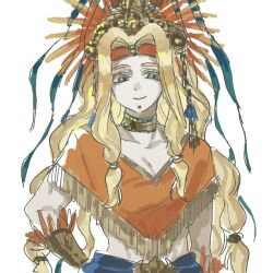 1girl blonde_hair breasts chin_piercing cleavage commentary_request fate/grand_order fate_(series) green_eyes hand_up headband headdress jewelry jhwxxxnb korean_commentary long_hair low-tied_long_hair low-tied_sidelocks medium_breasts mexican_clothes midriff neck_ring quetzalcoatl_(fate) red_headband sidelocks solo upper_body