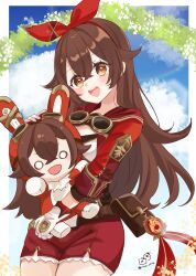1girl :d amber_(genshin_impact) animal_ears baron_bunny_(genshin_impact) blue_sky brown_eyes brown_hair cloud commentary_request doll genshin_impact gloves goggles goggles_around_neck hair_between_eyes hair_ribbon hairband highres holding holding_doll long_hair long_sleeves looking_at_viewer o_o open_mouth rabbit_ears red_hairband red_ribbon red_shorts ribbon rino_cnc shorts sky smile twitter_username very_long_hair white_gloves
