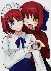 2girls absurdres alternate_costume artoria_pendragon_(fate) cosplay fate_(series) highres hisui_(tsukihime) kohaku_(tsukihime) maid_headdress multiple_girls red_hair saber_(fate) saber_(fate)_(cosplay) short_hair siblings sisters sugoiiii tohsaka_rin tohsaka_rin_(cosplay) tsukihime twins