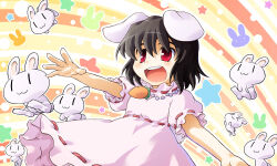 1girl 2000s_(style) :d animal_ears black_hair blush breasts carrot_necklace commentary_request dress floppy_ears inaba_tewi jewelry necklace open_mouth outstretched_arm paji pearl_necklace pink_dress puffy_short_sleeves puffy_sleeves rabbit rabbit_ears rabbit_girl rabbit_tail red_eyes ribbon-trimmed_dress ribbon-trimmed_sleeves ribbon_trim short_hair short_sleeves smile solo star_(symbol) tail teeth too_many too_many_rabbits touhou upper_teeth_only