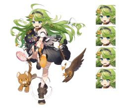 Rule 34 | 1girl, ahoge, aqua eyes, bad source, bag, bandaged leg, bandages, benghuai xueyuan, bird, blue eyes, boots, bow, braid, candy, candy hair ornament, chacana (benghuai xueyuan), doll, dress, eagle, ebifurai (15121299912), food, food-themed hair ornament, green eyes, green hair, hair flaps, hair ornament, hairband, highres, honkai (series), lion, lollipop, long hair, looking at viewer, multicolored eyes, multiple expressions, multiple views, open mouth, pointy ears, pumpkin, shoulder bag, simple background, smile, spider bag, stuffed animal, stuffed toy, twin braids, white background