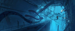 absurdres air_bubble asteroid_ill blue_theme bubble chinchou commentary gen_1_pokemon gen_2_pokemon gen_3_pokemon highres milotic nintendo no_humans pokemon pokemon_(creature) ruins scenery shellder underwater vaporeon very_wide_shot wreckage